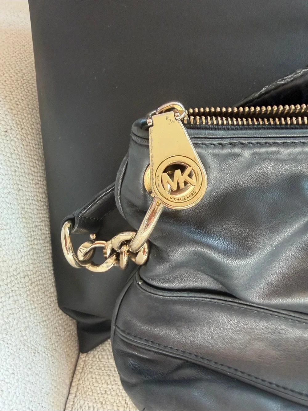 Michael Kors Black Leather Shoulder Bag with Gold Hardware